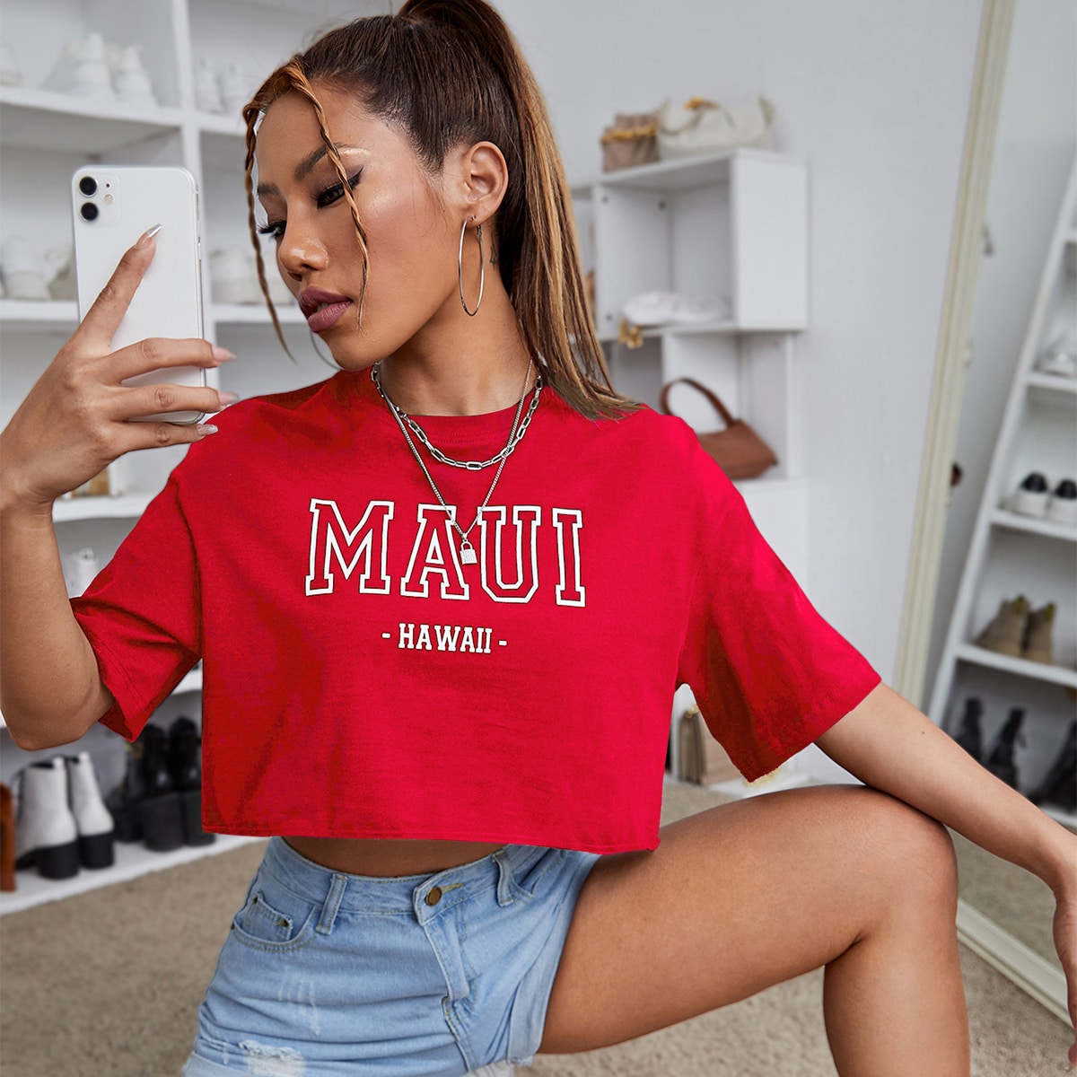 cropped tops letter duck print tee